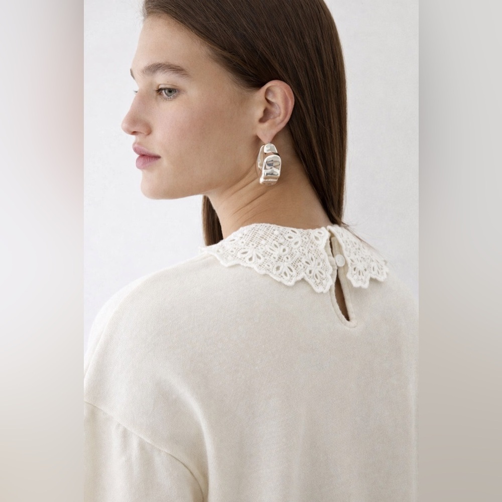 J.Crew Ivory Lace Collar Crewneck Sweatshirt | Size L, 100% Cotton - Picture 2 of 14